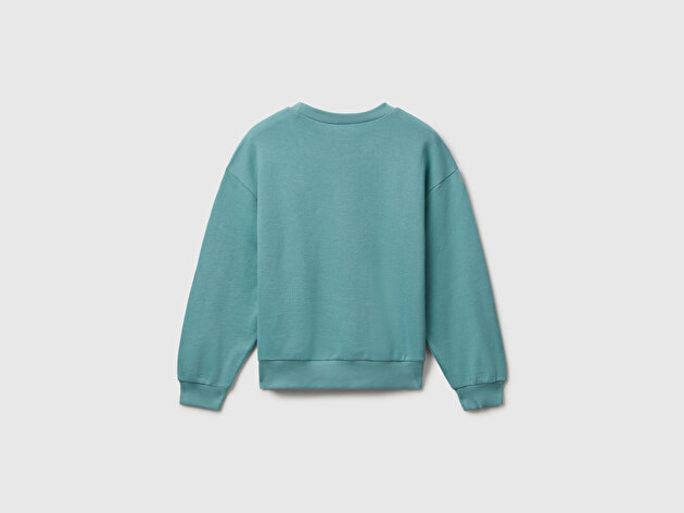 Benetton Kız Çocuk Gri-Yeşil Parıltılı Logo Baskılı Ribanalı Bisiklet Yaka Sweatshirt