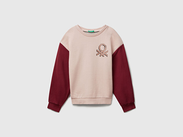 Benetton Kız Çocuk Siyah-Gri Mix Parıltılı Logo Baskılı Ribanalı Bisiklet Yaka Sweatshirt