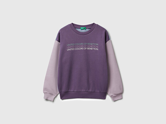 Benetton Kız Çocuk Mor-Mavi Parıltılı Logo Baskılı Ribanalı Bisiklet Yaka Sweatshirt