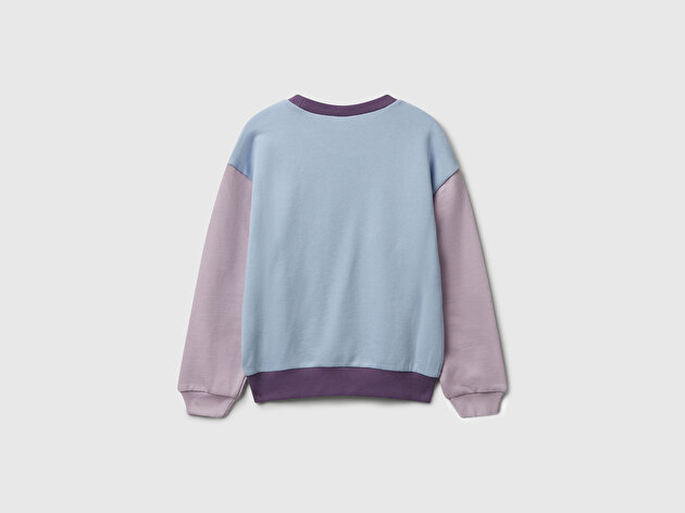 Benetton Kız Çocuk Mor-Mavi Parıltılı Logo Baskılı Ribanalı Bisiklet Yaka Sweatshirt