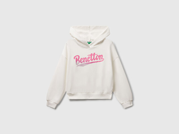 Benetton Kız Çocuk Ekru Önü Logo Baskılı Ribanalı Kapüşonlu Sweatshirt