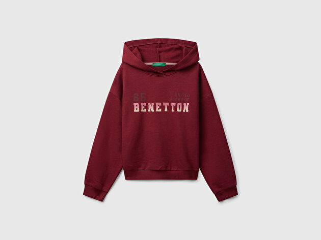 Benetton Kız Çocuk Bordo Önü Logo Baskılı Ribanalı Kapüşonlu Sweatshirt