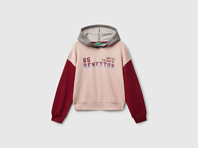 Benetton Kız Çocuk Siyah-Gri Mix Önü Logo Baskılı Ribanalı Kapüşonlu Sweatshirt