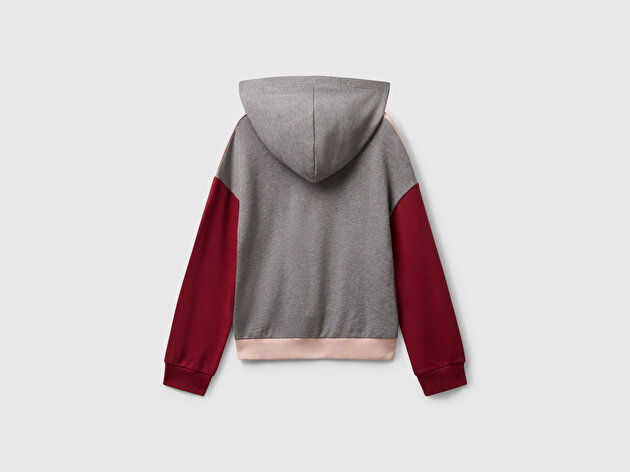 Benetton Kız Çocuk Siyah-Gri Mix Önü Logo Baskılı Ribanalı Kapüşonlu Sweatshirt