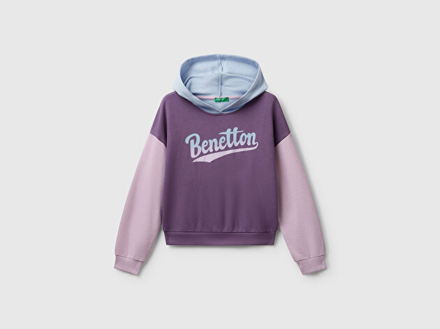 Benetton Kız Çocuk Mor-Mavi Önü Logo Baskılı Ribanalı Kapüşonlu Sweatshirt