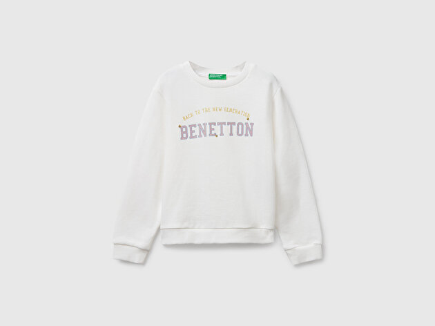 Benetton Kız Bebek Ekru Önü Simli Logo Baskılı Nervürlü Regular Fit Sweatshirt