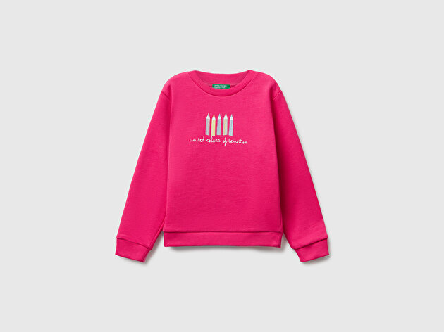Benetton Kız Bebek Pembe Önü Simli Logo Baskılı Nervürlü Regular Fit Sweatshirt