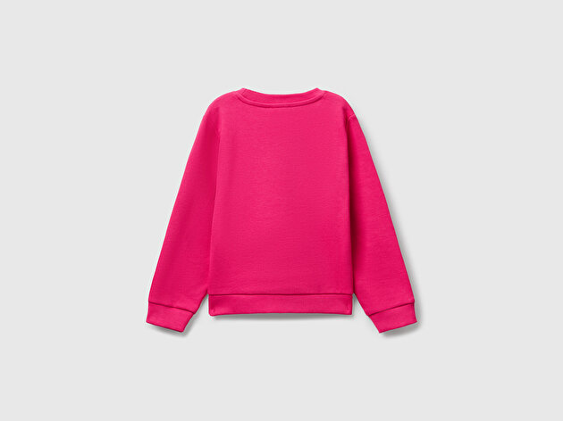 Benetton Kız Bebek Pembe Önü Simli Logo Baskılı Nervürlü Regular Fit Sweatshirt
