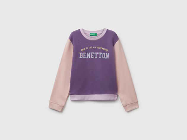 Benetton Kız Bebek Lila-Fuşya-Bej Önü Simli Logo Baskılı Nervürlü Regular Fit Sweatshirt