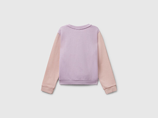 Benetton Kız Bebek Lila-Fuşya-Bej Önü Simli Logo Baskılı Nervürlü Regular Fit Sweatshirt