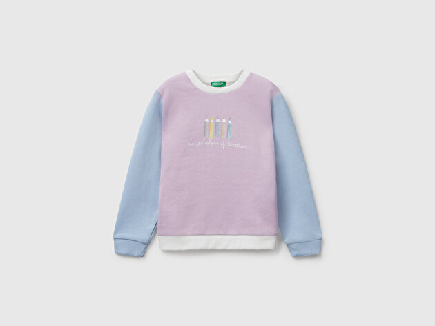 Benetton Kız Bebek Lila-Krem Önü Simli Logo Baskılı Nervürlü Regular Fit Sweatshirt