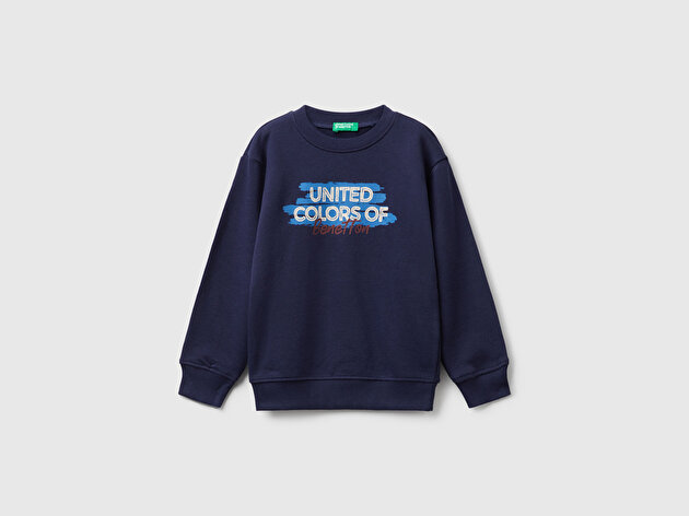 Benetton Erkek Bebek Lacivert Önü Logo Baskılı Bisiklet Yaka Sweatshirt