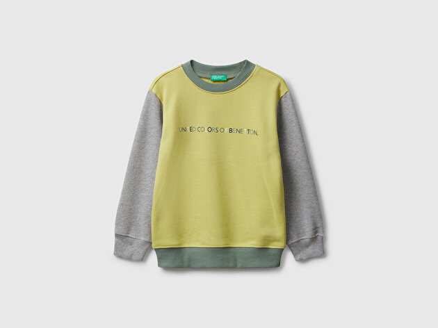 Benetton Erkek Bebek Sarı-Gri Önü Logo Baskılı Bisiklet Yaka Sweatshirt