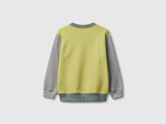 Benetton Erkek Bebek Sarı-Gri Önü Logo Baskılı Bisiklet Yaka Sweatshirt