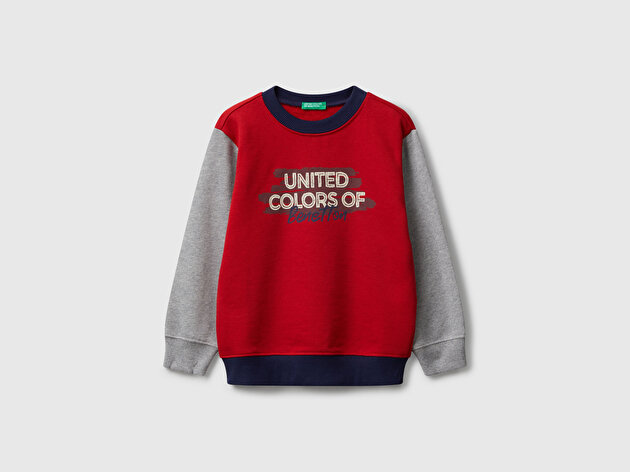 Benetton Erkek Bebek Kırmızı-Gri Önü Logo Baskılı Bisiklet Yaka Sweatshirt