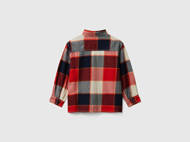 Benetton Erkek Bebek Kırmızı Mix Kareli Logo İşlemeli Göğüs Cepli Oversize Gömlek