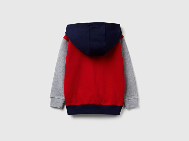 Benetton Erkek Bebek Kırmızı-Gri Önü Logo Baskılı Fermuarlı Kapüşonlu Sweatshirt