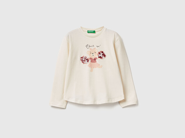 Benetton Kız Bebek Ekru Önü Baskılı Ribana Yakalı Uzun Kollu T-shirt