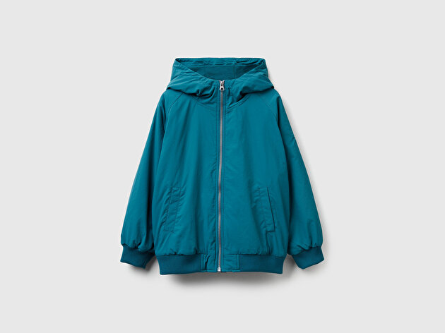 Benetton Erkek Çocuk Petrol Mavisi Fermuarlı Ribana Detaylı Kapüşonlu Ceket