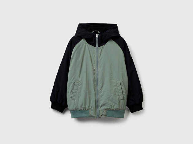 Benetton Erkek Çocuk Haki-Siyah Fermuarlı Ribana Detaylı Kapüşonlu Ceket