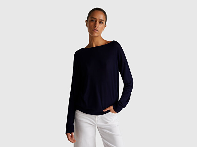 Benetton Kadın Lacivert %100 Viskoz Kayık Yaka Kazak