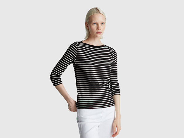 Benetton Kadın Sİyah %100 Pamuk Çizgili Logolu Kayık Yaka Truvakar Kol T-Shirt