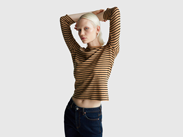 Benetton Kadın Kahverengi  %100 Pamuk Çizgili Logolu Kayık Yaka Truvakar Kol T-Shirt