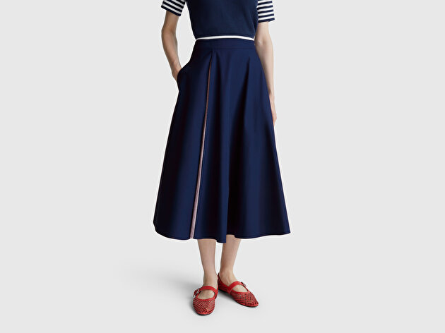 Benetton Kadın Lacivert Pamuk Karışımlı Pile Detaylı Midi Etek