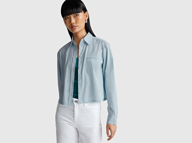 Benetton Kadın Açık Mavi Pamuk Karışımlı Streç Poplin Gömlek