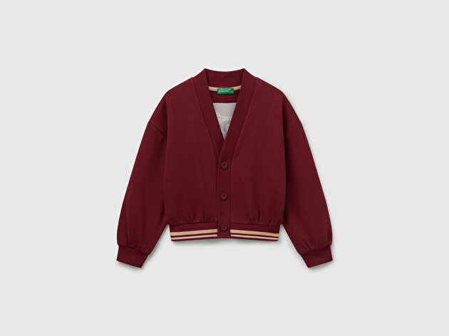 Benetton Kız Çocuk Bordo Payet İşlemeli Ucu Çizgili Sweatshirt Hırka