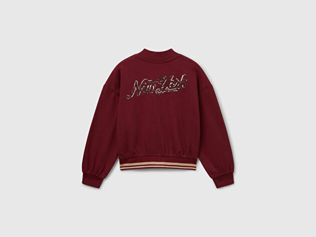 Benetton Kız Çocuk Bordo Payet İşlemeli Ucu Çizgili Sweatshirt Hırka