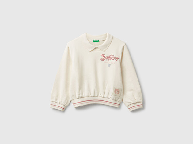 Benetton Kız Bebek Ekru Simli Grafik Nakışlı Çizgi Detaylı Klasik Yaka Sweatshirt
