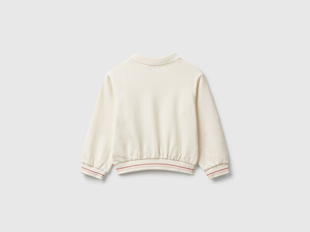 Benetton Kız Bebek Ekru Simli Grafik Nakışlı Çizgi Detaylı Klasik Yaka Sweatshirt