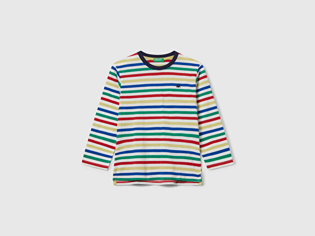 Benetton Erkek Bebek Beyaz Mix Çizgi Desenli Uzun Kollu Bisiklet Yaka Regular Fit T-shirt