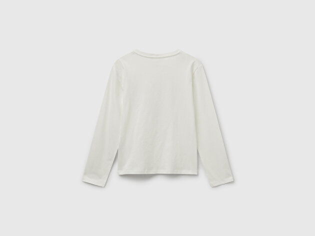 Benetton Kız Çocuk Bordo Önü Payetli Baskılı Ribana Yakalı Uzun Kollu T-shirt