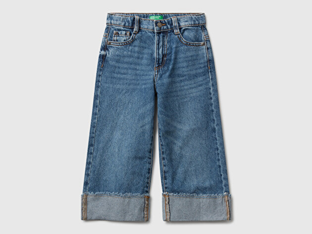 Benetton Kız Bebek Koyu Mavi Logo İşleme Detaylı Paçası Kıvrık Wide Fit Denim Pantolon