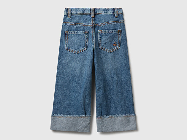 Benetton Kız Bebek Koyu Mavi Logo İşleme Detaylı Paçası Kıvrık Wide Fit Denim Pantolon