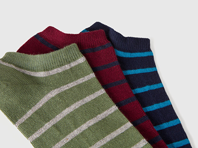 Benetton Unisex Bordo - Lacivert - Haki Pamuk Karışımlı Desenli Logo Detaylı 3'lü Patik Çorap Seti