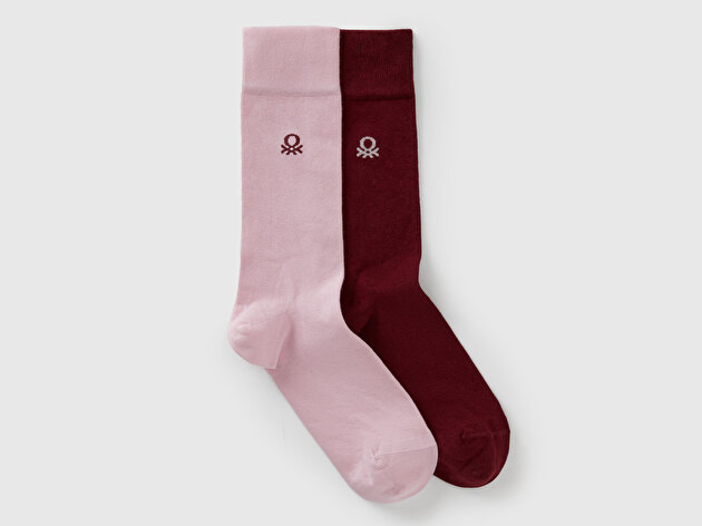 Benetton Unisex Pembe-Bordo Pamuk Karışımlı Logo Detaylı 2'li Uzun Çorap Seti