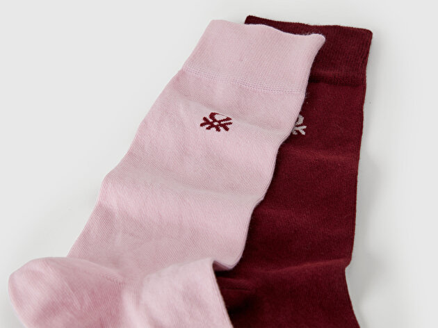 Benetton Unisex Pembe-Bordo Pamuk Karışımlı Logo Detaylı 2'li Uzun Çorap Seti