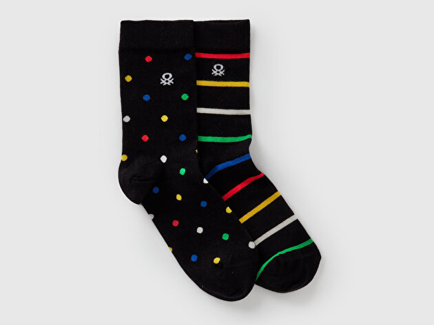 Benetton Unisex Lacivert - Siyah Pamuk Karışımlı Desenli Logo Detaylı 2'li Çorap Seti