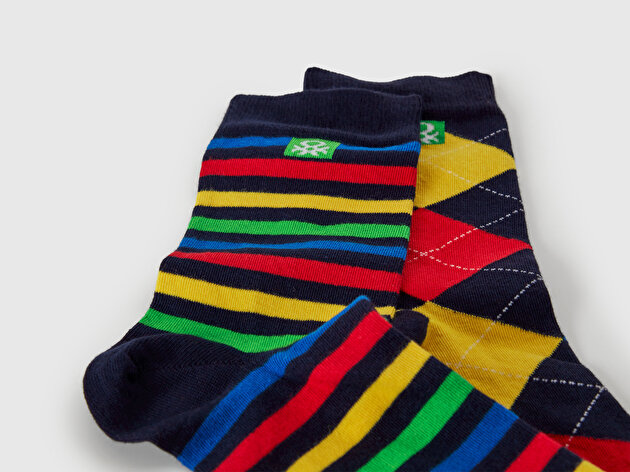 Benetton Unisex Lacivert - Renkli Mix Pamuk Karışımlı Desenli Logo Detaylı 2'li Çorap Seti