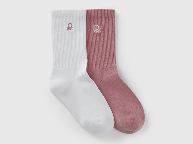 Benetton Erkek Çocuk Beyaz-Pembe Logo İşlemeli 2'li Uzun Soket Çorap Seti
