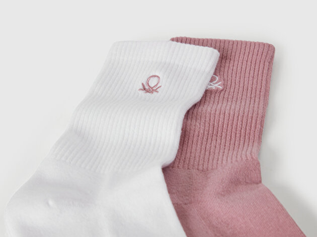 Benetton Erkek Çocuk Beyaz-Pembe Logo İşlemeli 2'li Uzun Soket Çorap Seti