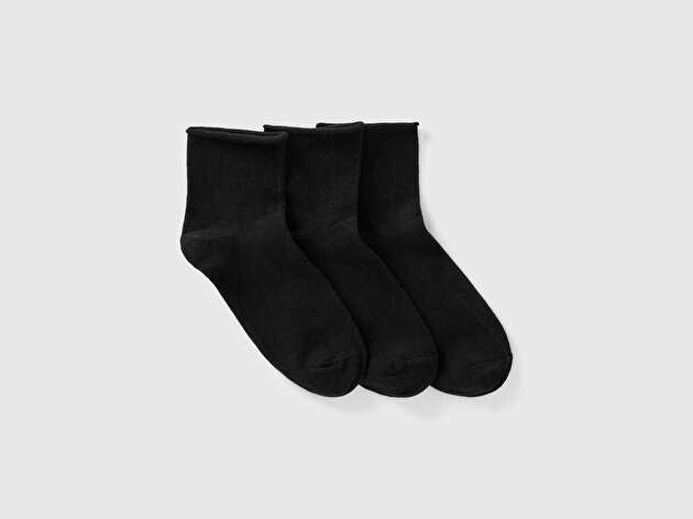 Benetton Kadın Siyah Pamuk Karışımlı Düz Renk 3'lü Çorap Seti