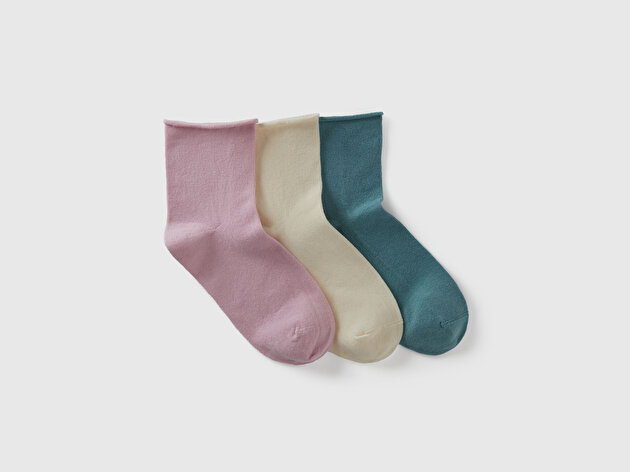 Benetton Kadın Krem - Lila - Mint Pamuk Karışımlı Düz Renk 3'lü Çorap Seti