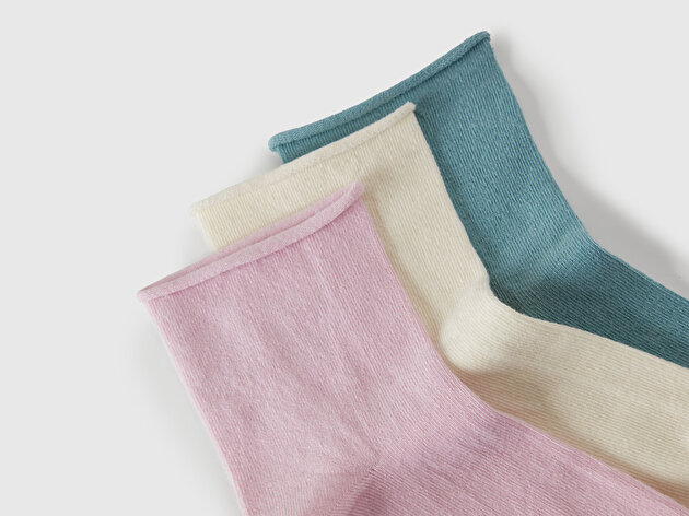 Benetton Kadın Krem - Lila - Mint Pamuk Karışımlı Düz Renk 3'lü Çorap Seti