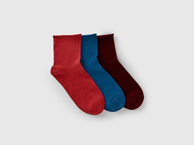 Benetton Kadın Kremit-Yeşil-Bordo Pamuk Karışımlı Düz Renk 3'lü Çorap Seti