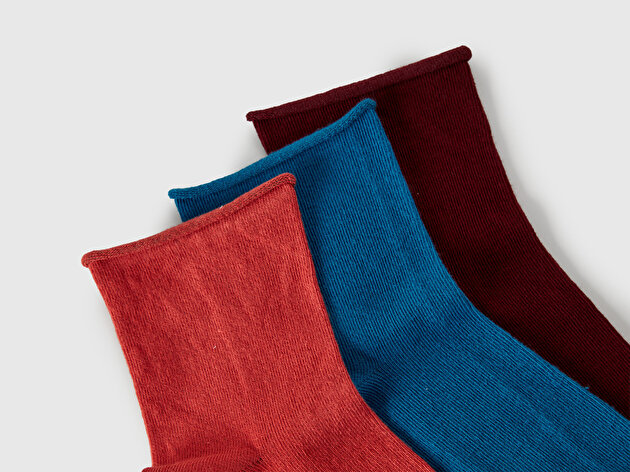 Benetton Kadın Kremit-Yeşil-Bordo Pamuk Karışımlı Düz Renk 3'lü Çorap Seti