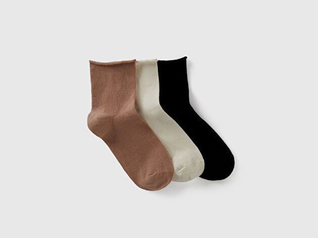 Benetton Kadın Krem - Kahverengi - Siyah Pamuk Karışımlı Düz Renk 3'lü Çorap Seti